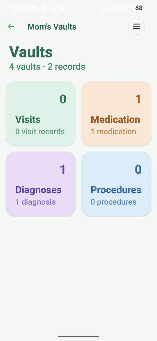 A vault dashboard view showing visit, medication, and diagnosis categories