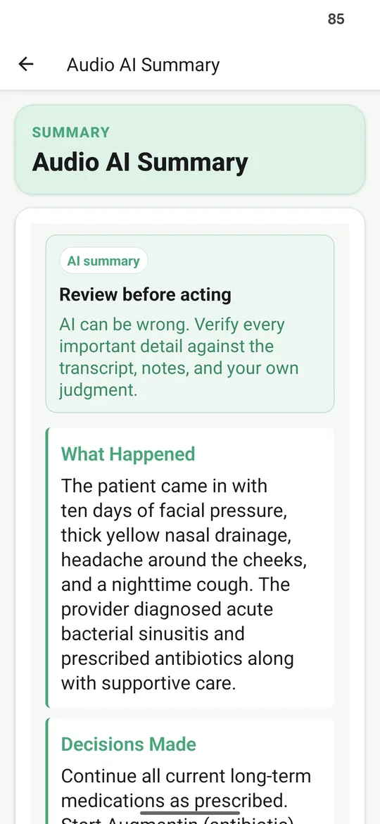 A visit summary screen showing the completed recap and follow-up information